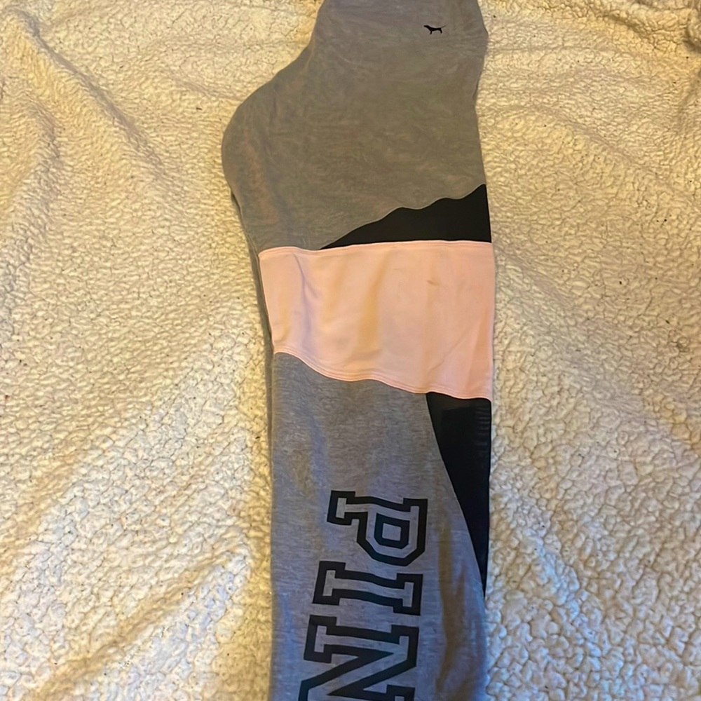 PINK Logo Leggings, size M. Grey with black and pink detail.